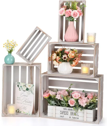 Miniatura 8 de Soaoo 5 cajas decorativas de madera para anidar para exhibición de almacenamiento, 5 tamaños, cajas de almacenamiento decorativas de madera rústica