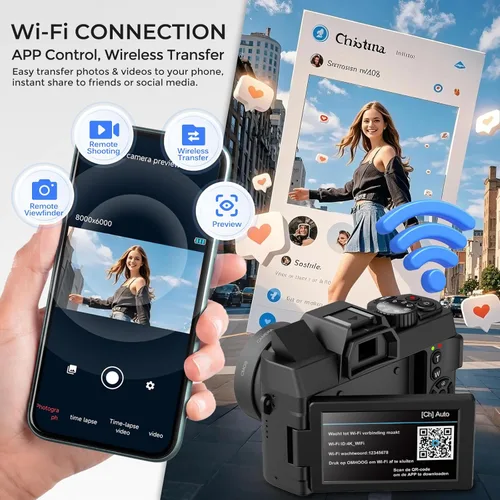 Miniatura 3 de Cámara digital 4K para fotografía con WiFi, cámara de videoblogs con autofoco para YouTube con pantalla giratoria, viene con 2 baterías, lente gran