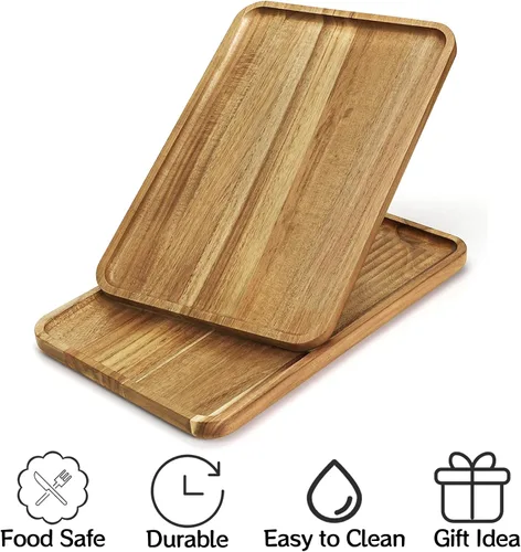 Miniatura 4 de YOUEON Juego de 2 bandejas de madera de acacia con borde elevado, bandeja rectangular de 14.2 x 9.5 pulgadas, plato de queso para aperitivo
