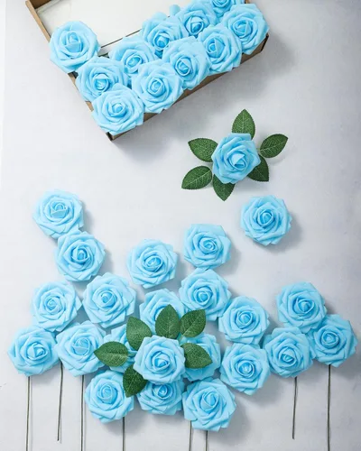 Miniatura 5 de DuHouse 25 rosas artificiales, rosas falsas con tallos, flores de espuma de tacto real para bricolaje, ramo de boda, centro de mesa, arreglo floral