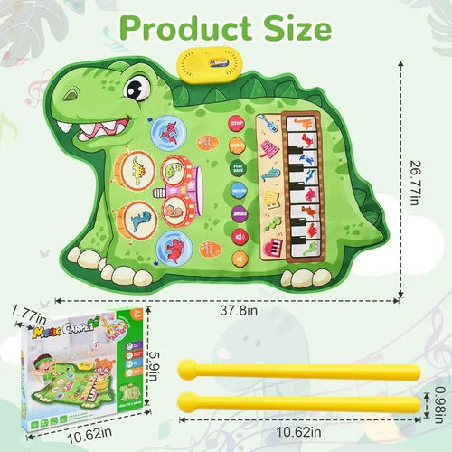 Miniatura 2 de Cyiecw Tapete musical de dinosaurio 3 en 1, tapete de piano para jugar, regalo para niñas de 1, 2 y 3 años, juguetes sensoriales de aprendizaje