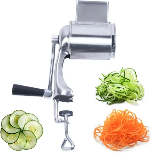 Miniatura 9 de DYNAMI Rallador giratorio de acero inoxidable 5 en 1, rallador de cocina, cortador de verduras, molinos de alimentos con 5 tambores inoxidables