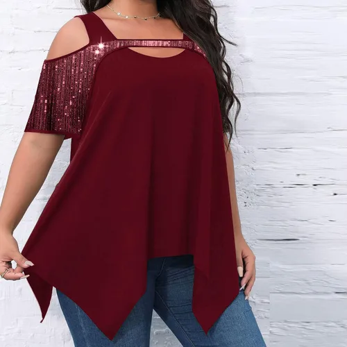 Miniatura 4 de Blusa de manga corta con hombros descubiertos y talla grande, con lentejuelas brillantes y empalme de moda, con dobladillo de pañuelo