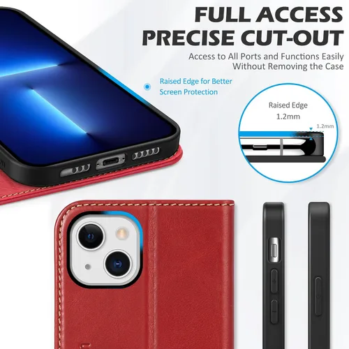 Miniatura 8 de SHIELDON Funda tipo cartera para iPhone 13 de 6.1 pulgadas, estuche tipo folio de piel auténtica con función atril y bloqueo RFID, ranuras para Rojo