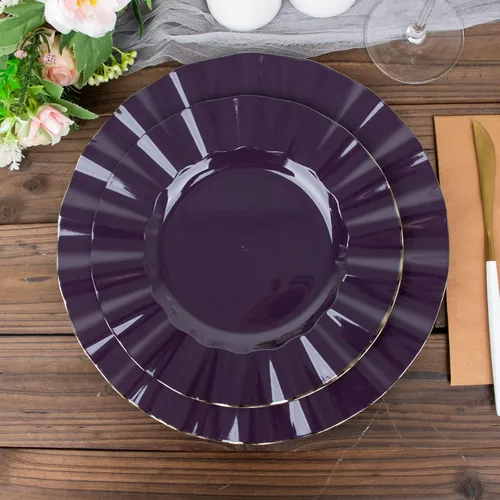 Miniatura 130 de Tableclothsfactory Paquete de 10 platos redondos de plástico negro de 6 pulgadas para ensalada de postre, platos desechables con borde ondulado