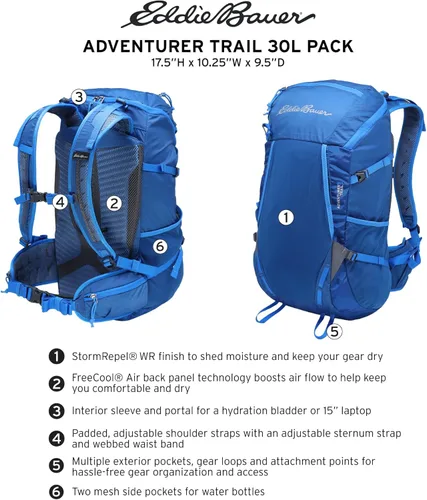 Miniatura 2 de Eddie Bauer Mochila Adventurer con compartimentos de organización y funda compatible con hidratación/portátil, Trail Adventurer, color negro, 30L