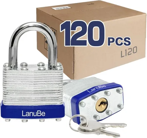 Miniatura 24 de LanuBe Candado laminado con llave, 1-9/16 pulgadas (40 mm), candados con llave iguales, grillete normal, aro de plástico azul marcado, paquete de 2