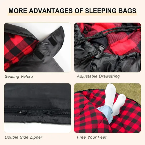 Miniatura 5 de Saco de dormir doble de franela para adultos con 2 almohadas, sacos de dormir para 2 personas, camping, XXL, tamaño Queen, saco de dormir para dos