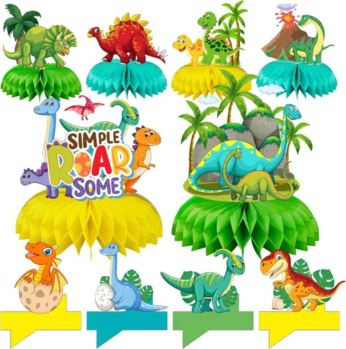 Decoraciones de cumpleaños de dinosaurio para niños y niñas de 4 a 8 años, piezas de centro de baby shower, bonita decoración para mesa, coloridos