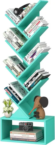 Miniatura 26 de SHEEPAM - Estantería pequeña con cajón, estantería de 4 niveles en forma de árbol en color negro, estantería de escritorio de madera, estanterías