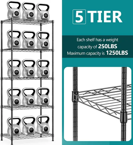 Miniatura 3 de IZEUK Estantes de almacenamiento de metal negro de 5 niveles, estantería de alambre ajustable para cocina, baño, despensa, oficina, garaje