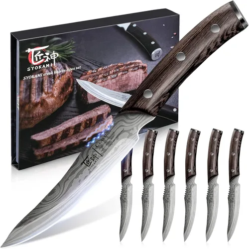 Miniatura 11 de SYOKAMI Juego de 2 cuchillos para carne, 4.8 pulgadas, estilo japonés de alta gama, filo fino con mango de madera, diseño de espiga completa