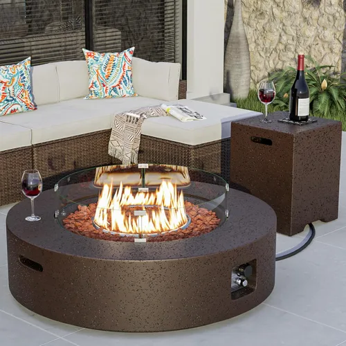 Miniatura 10 de COSIEST mesa de fogata a propano para exteriores de 35 pulgadas cuadrada de arenisca con protector contra el viento y mesa lateral, certificada