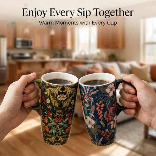 Miniatura 4 de Taza de Café de Cerámica de Porcelana con Tapa para Lata de Té 17oz. Azul y Verde, 2 Piezas