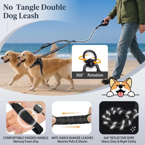 Miniatura 2 de Correa doble duradera para perros, correa para dos perros, sin enredos, con asas acolchadas y tiras reflectantes para perros medianos y grandes