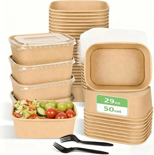 Miniatura 10 de Paquete de 50 recipientes desechables para preparación de comidas, cuencos de papel grandes desechables de 19 onzas con tapas y tenedores
