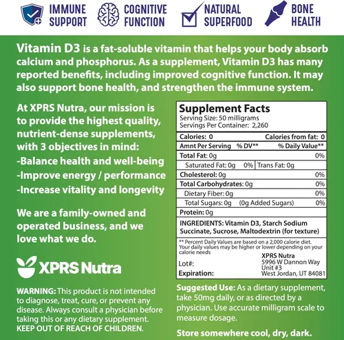 Miniatura 7 de XPRS Nutra Vitamina D3 en polvo (colecalciferol) - VIT D sin sabor para huesos e inmunidad - Vitamina para la función muscular - Suplementos