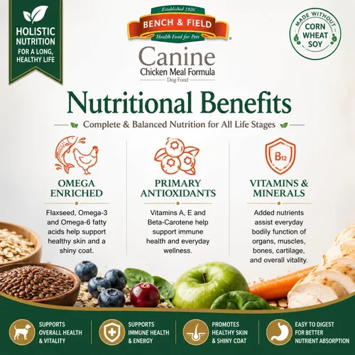 Miniatura 6 de Bench & Field Holistic Premium - Alimento seco para perros, receta de harina de pollo y arroz integral, hecho sin maíz, trigo o soja, para todas