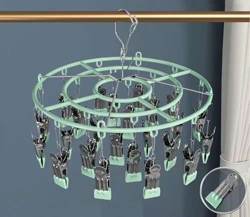 Miniatura 5 de Estante de secado de calcetines de ropa de acero inoxidable con 24 clips, gancho giratorio a prueba de viento para calcetines, brasieres, toallas