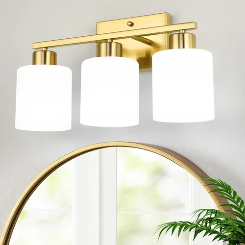 Miniatura 10 de WILON 2 luces doradas cepilladas, accesorios de iluminación de tocador de baño con pantallas de vidrio esmerilado blanco leche, modernas luces