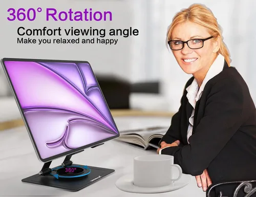 Miniatura 2 de Soporte para tablet para escritorio, con base de metal giratoria de 360°, soporte de doble varilla ajustable multiángulo, accesorios de oficina