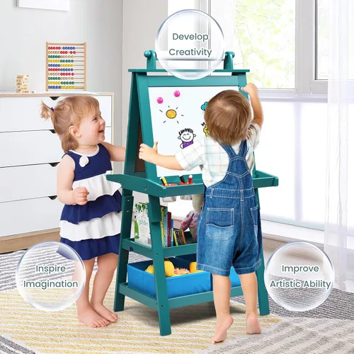 Miniatura 2 de Caballete de arte HONEY JOY para niños, caballete doble de 3 en 1 para niños pequeños de madera con pizarra blanca magnética y pizarra, rollo