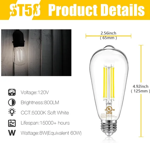 Miniatura 2 de DAYBETTER Paquete de 4 bombillas LED Edison vintage, bombilla LED E26 equivalente a 60 W, bombillas LED regulables, 8 W de alto brillo, 800 lúmenes