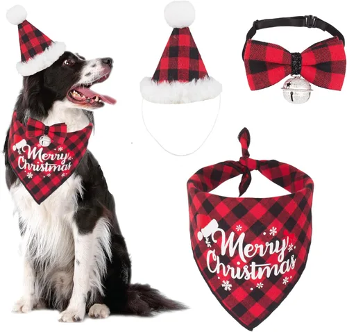Miniatura 19 de ADOGGYGO Juego de bandana de Navidad para perro, sombrero y pajarita, clásica a cuadros rojos, bufanda de Navidad para mascotas, disfraz de Navidad