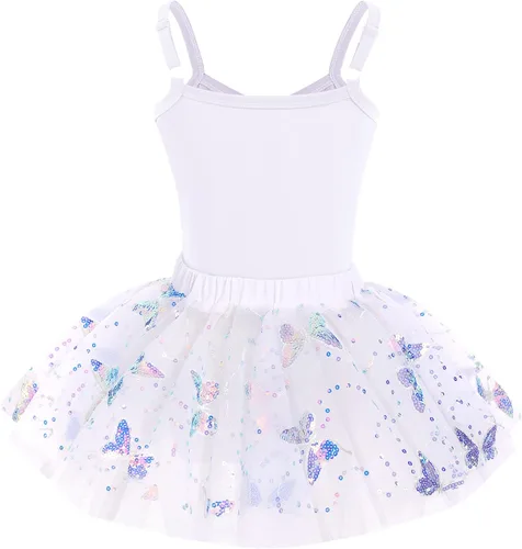 Miniatura 2 de AFAVOM Camisola de lentejuelas de mariposa para niñas, vestido de ballet con volantes, falda tutú con purpurina, leotardo, disfraz de bailarina