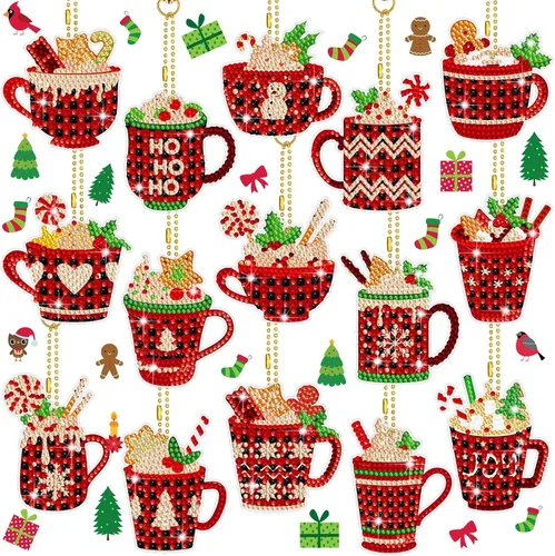 BBTO 15 llaveros de pintura de diamante de Navidad 5D DIY chocolate caliente adornos de arte de diamantes de cacao caliente búfalo a cuadros para