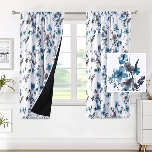 Miniatura 26 de H.VERSAILTEX Cenefas de cortina 100% opacas para ventanas de cocina, juego de 2 paneles de Cattleya con estampado floral Leah con aislamiento