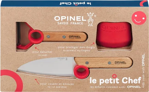 Opinel Le Petit Chef - Juego completo de cocina de 3 piezas, cuchillo de chef con punta redondeada, protector de dedos, pelador, para niños y Rojo