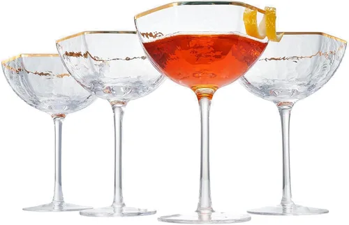 Khen Juego de 4 copas de champán con borde dorado octogonal vintage, elegantes copas de cóctel de cristal – borde dorado transparente de 6 onzas