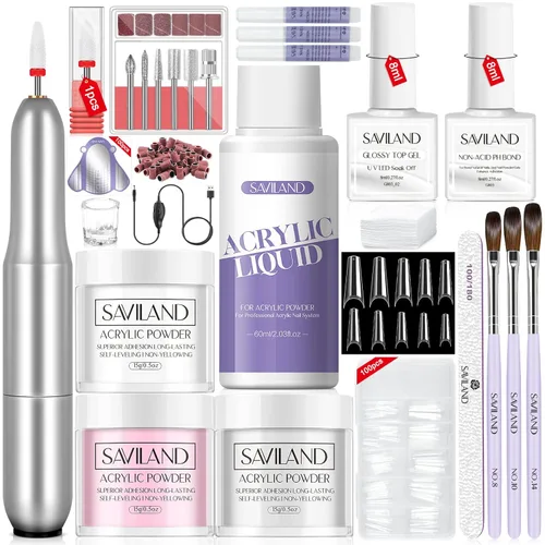 Miniatura 8 de Saviland Kit de iniciación de uñas acrílicas: polvo y líquido acrílico rosa claro nude, cepillo, limas, formularios, uñas a presión, juego