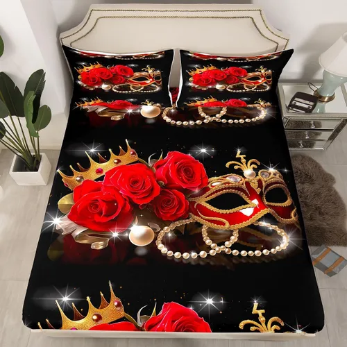 Miniatura 16 de Sábana bajera ajustable King Crown vintage negro y gris, sábanas románticas para el día de San Valentín, tamaño individual para mujeres, regalos