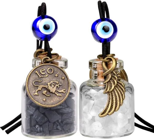 Miniatura 8 de Zodiac Birthstone Car Charms for Rearview Mirror Hanging - Two Gemstone Good Luck Bottles with Evil Eye Protection Bead and Guardian Angel Wing
