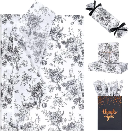 Larcenciel Papel de seda negro, papel de seda floral vintage para bolsas de regalo, cajas, envoltura, manualidades, suministros de embalaje de arte