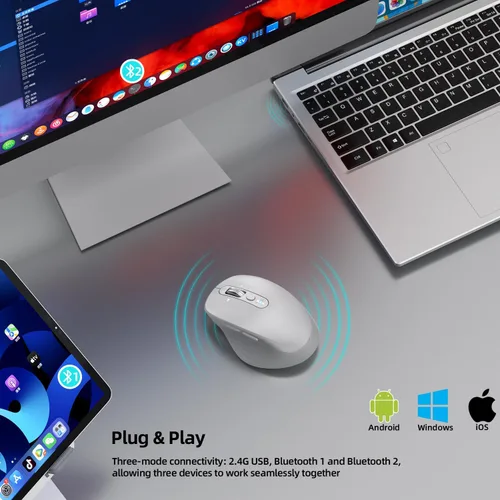 Miniatura 3 de INFINMIND Ratón Bluetooth inalámbrico, multidispositivo (BT1/BT2 + USB de 2.4 G) para laptop, iPad y Mac, desplazamiento de 4 vías con botones Blanco