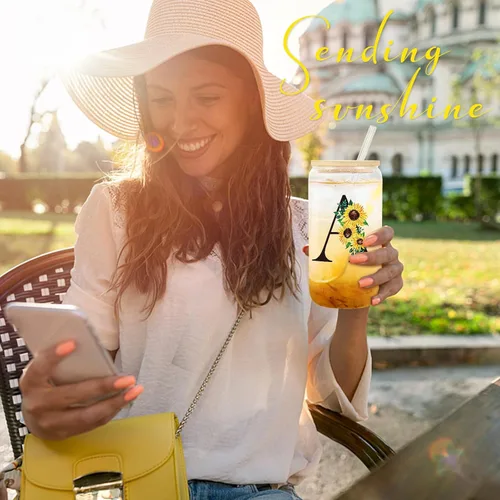 Miniatura 4 de Frerdui Regalos de cumpleaños para mujeres, vasos de vidrio con inicial con tapas y pajitas, regalo de girasol para mujeres, regalo personalizado