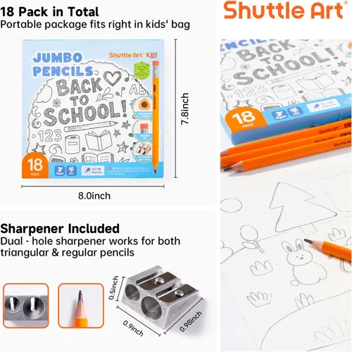 Miniatura 7 de Shuttle Art Lápices jumbo – Paquete de 18 lápices triangulares preafilados #2 HB con borradores y sacapuntas superiores, para niños de 4 a 8 años
