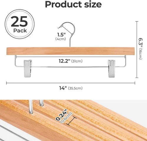 Miniatura 7 de HOUSE DAY Paquete de 25 perchas de madera de alta calidad para pantalones, perchas de falda de madera de loto maciza con 2 clips ajustables, Natural