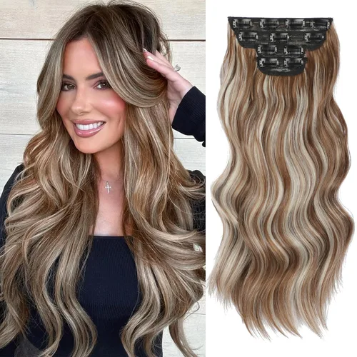 Miniatura 33 de Extensiones de cabello con clip de Vigorous de 20 pulgadas, con reflejos rubio playa, extensiones de cabello ondulado largo y suave de cabello