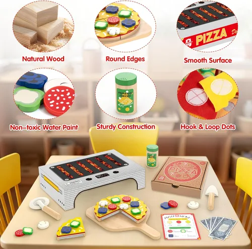 Miniatura 4 de WOODMAM Montessori - Juego de juguetes de pizza, comida realista con caja de horno, juguetes educativos de aprendizaje para niños en edad preescolar