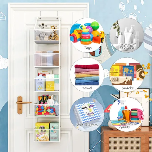 Miniatura 5 de Fixwal Organizador de puerta colgante para despensa con 5 estantes, organizador de habitación con bolsillos de plástico transparente, 25 lb de Blanco