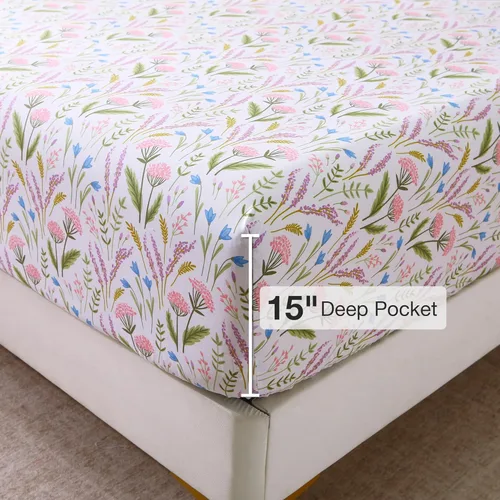 Miniatura 59 de Viviland Juego de sábanas de 3 piezas con estampado botánico de mariposas y flores rosas y moradas, sábanas de microfibra suave y transpirable