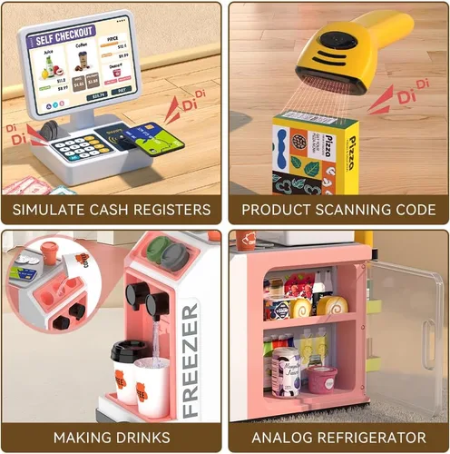 Miniatura 2 de Juego de caja registradora para niños – 48 piezas con cafetera de juguete, dinero de simulación, calculadora, escáner, tarjeta de crédito y comida