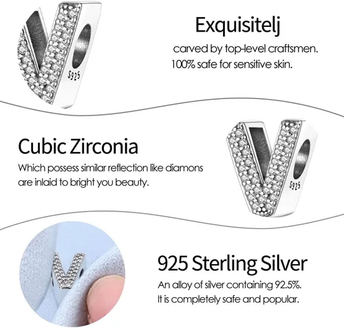 Miniatura 6 de Dijes con iniciales del alfabeto, letras de la A a la Z, plata de ley 925, circonitas cúbicas, colgantes para Pandora, pulseras europeas, collar