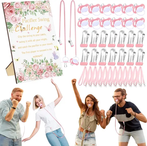Miniatura 19 de Geelin Juego de 12 juegos de chupete con columpio para baby shower, juegos divertidos de revelación de género, incluye 1 letrero de madera y 12