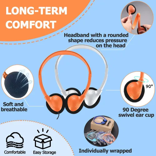 Miniatura 4 de Paquete de 10 auriculares para niños a granel para el aula escolar, auriculares multicolor con cable para estudiantes, auriculares ajustables