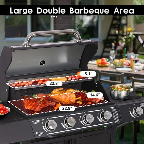 Miniatura 3 de LEISU Parrilla de gas propano de 4 quemadores con quemador lateral y rejillas de hierro fundido, parrilla de salida de 50,0000 BTU para cocina